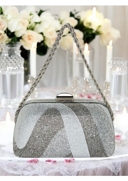 Gümüş Platin Kristal Renk Taşlı Zincir Kulplu Kadın Abiye Çanta Mezuniyet Düğün Nişan fırsatları