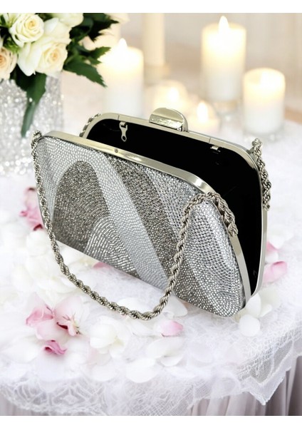 Gümüş Platin Kristal Renk Taşlı Zincir Kulplu Kadın Abiye Çanta Mezuniyet Düğün Nişan indirimleri