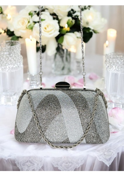 Gümüş Platin Kristal Renk Taşlı Zincir Kulplu Kadın Abiye Çanta Mezuniyet Düğün Nişan