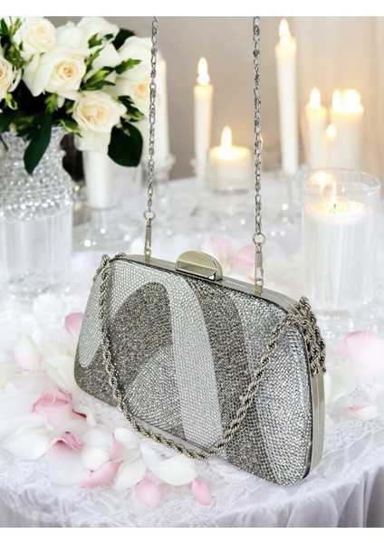 Gümüş Platin Kristal Renk Taşlı Zincir Kulplu Kadın Abiye Çanta Mezuniyet Düğün Nişan