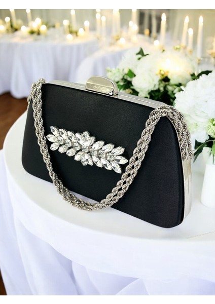 Özel Tasarım Siyah Renk Saten Zincir Saplı Kristal Taşlı Saplı Kulplu Kadın Abiye Çanta