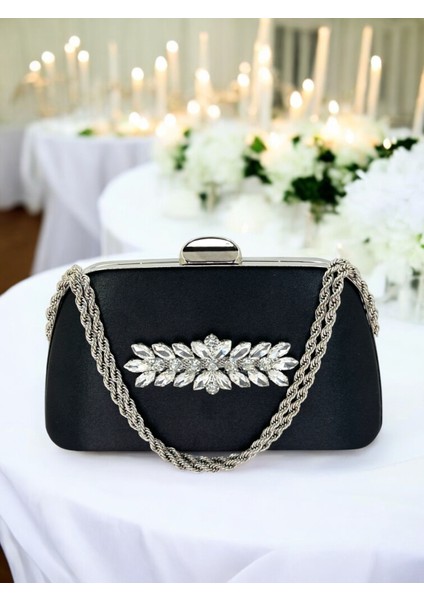 Özel Tasarım Siyah Renk Saten Zincir Saplı Kristal Taşlı Saplı Kulplu Kadın Abiye Çanta fiyatları