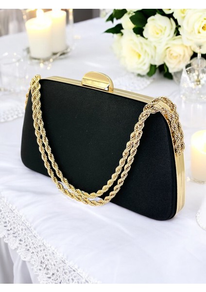 Özel Tasarım Siyah Renk Saten Zincir Saplı Kristal Taşlı Saplı Kulplu Kadın Abiye Çanta