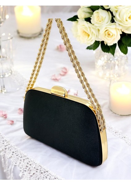 Özel Tasarım Siyah Renk Saten Zincir Saplı Kristal Taşlı Saplı Kulplu Kadın Abiye Çanta modelleri