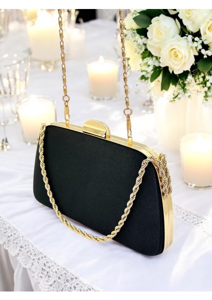 Özel Tasarım Siyah Renk Saten Zincir Saplı Kristal Taşlı Saplı Kulplu Kadın Abiye Çanta