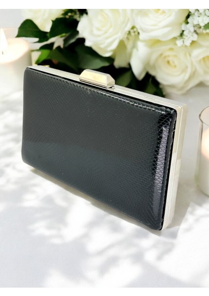 Siyah Renk Balıksırtı Desenli Parlak Rugan Deri Kadın Abiye Çanta Düğün Nişan