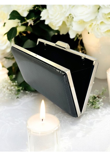 Siyah Renk Balıksırtı Desenli Parlak Rugan Deri Kadın Abiye Çanta Düğün Nişan modelleri