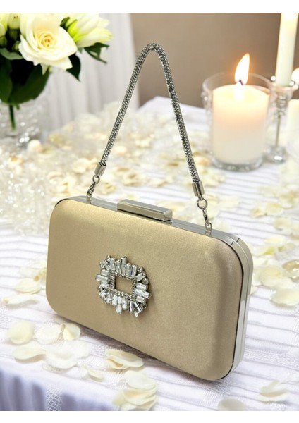 Nude Renk Saten Taşlı Saplı Kadın Abiye Çanta Düğün Nişan Mezuniyet