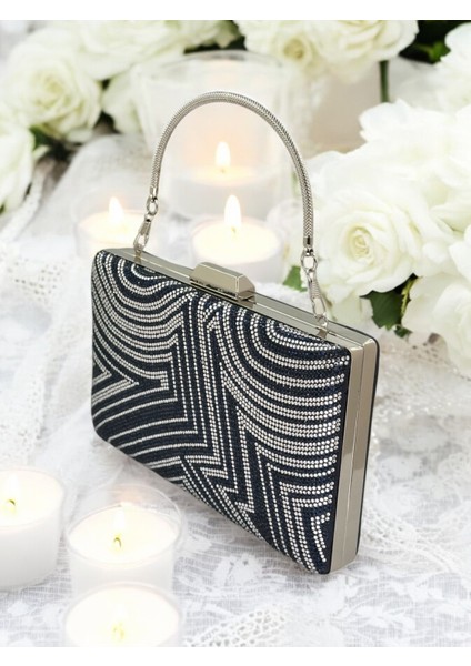 Lacivert Gümüş Renk Kristal Taşlı Metal Taşlı Abiye Çanta Düğün Nişan Kına Mezuniyet