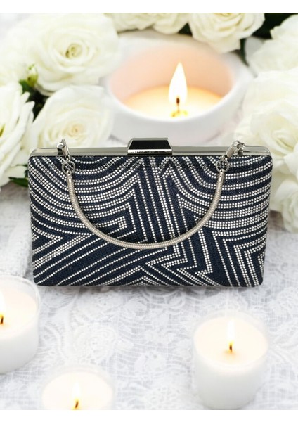 Lacivert Gümüş Renk Kristal Taşlı Metal Taşlı Abiye Çanta Düğün Nişan Kına Mezuniyet