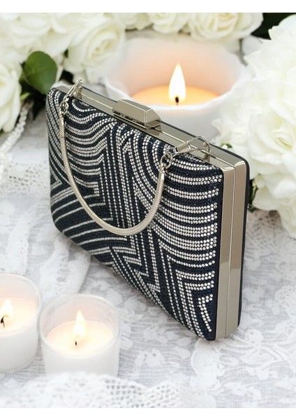 Lacivert Gümüş Renk Kristal Taşlı Metal Taşlı Abiye Çanta Düğün Nişan Kına Mezuniyet