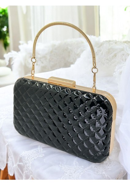 Siyah Lüks Rugan Kapitone Desenli Metal Saplı Kadın Abye Çanta Düğün Nişan Mezuniyet