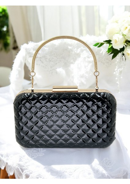 Siyah Lüks Rugan Kapitone Desenli Metal Saplı Kadın Abye Çanta Düğün Nişan Mezuniyet fiyatları