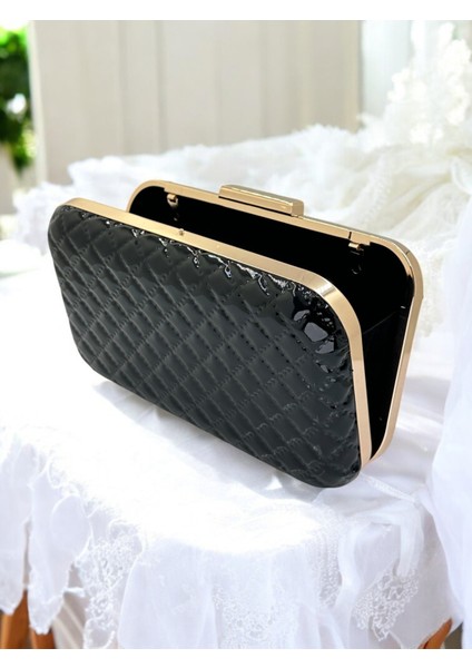 Siyah Lüks Rugan Kapitone Desenli Metal Saplı Kadın Abye Çanta Düğün Nişan Mezuniyet modelleri