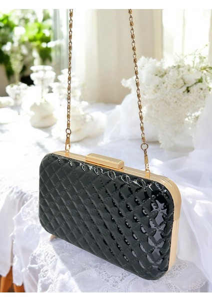 Siyah Lüks Rugan Kapitone Desenli Metal Saplı Kadın Abye Çanta Düğün Nişan Mezuniyet indirimleri