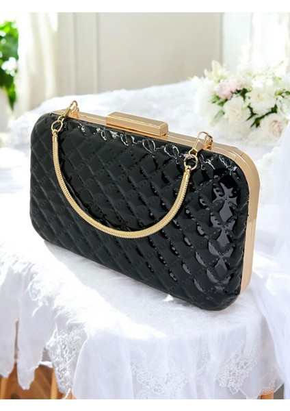 Siyah Lüks Rugan Kapitone Desenli Metal Saplı Kadın Abye Çanta Düğün Nişan Mezuniyet