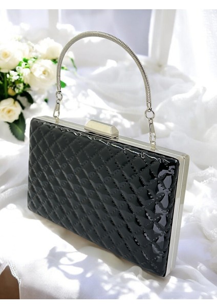 Siyah Lüks Rugan Kapitone Desenli Kadın Abye Çanta Düğün Nişan Mezuniyet