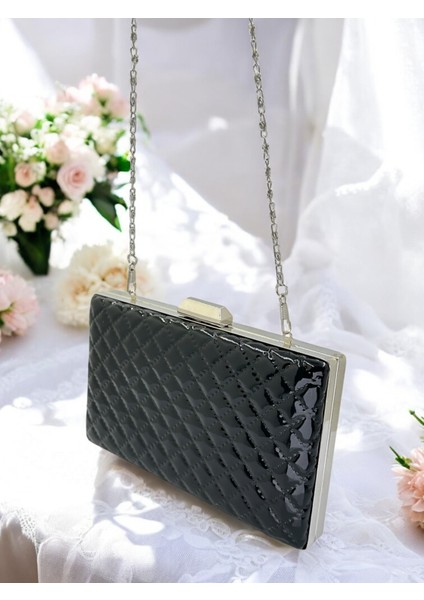 Siyah Lüks Rugan Kapitone Desenli Kadın Abye Çanta Düğün Nişan Mezuniyet indirimleri