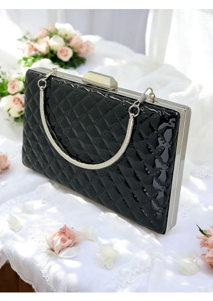 Siyah Lüks Rugan Kapitone Desenli Kadın Abye Çanta Düğün Nişan Mezuniyet