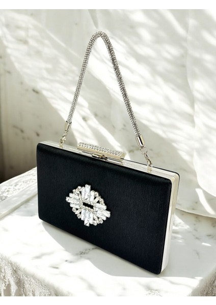 Siyah Taşlı Saplı Renk El Izi Yapmayan Simli Saten Kristal Taşlı Kadın Abiye Çanta Düğün Nişan