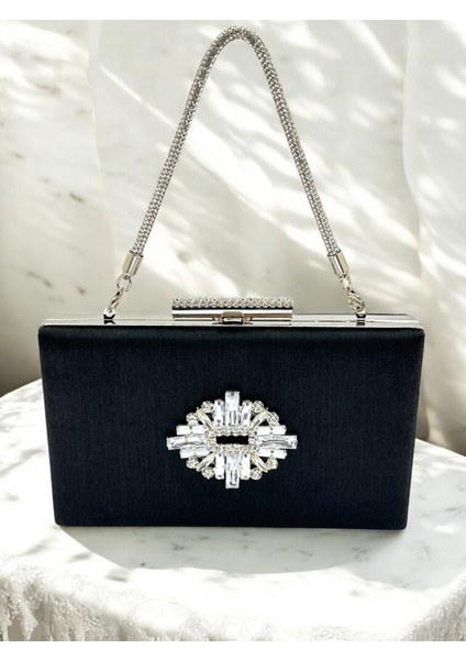 Siyah Taşlı Saplı Renk El Izi Yapmayan Simli Saten Kristal Taşlı Kadın Abiye Çanta Düğün Nişan fiyatları