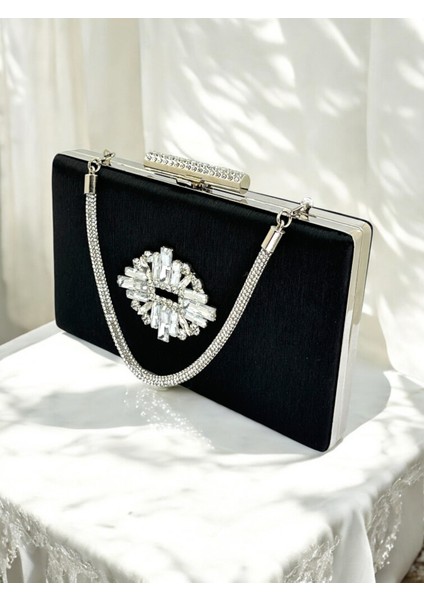 Siyah Taşlı Saplı Renk El Izi Yapmayan Simli Saten Kristal Taşlı Kadın Abiye Çanta Düğün Nişan modelleri