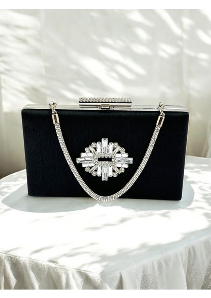 Siyah Taşlı Saplı Renk El Izi Yapmayan Simli Saten Kristal Taşlı Kadın Abiye Çanta Düğün Nişan fırsatları