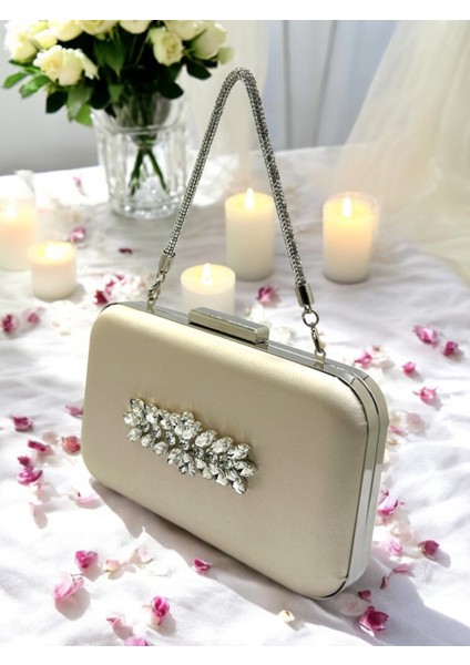 Ten Renk Saten Taşlı Saplı Kadın Abiye Çanta Düğün Nişan Mezuniyet