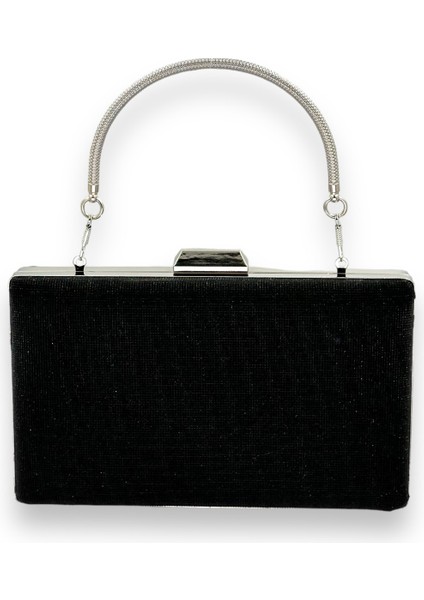 Siyah Renk Lazer Desenli Metal Saplı Dökülmeyen Simli Abiye Çanta Gece Çantası Kına Düğün Nişan