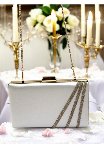 Sedef Ekru Renk Saten Çapraz Altın Kristal Taşlı Kadın Abiye Çanta Düğün Nişan Mezuniyet fırsatları