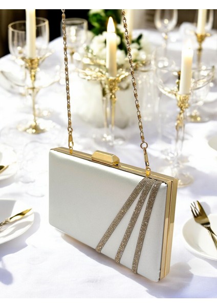 Sedef Ekru Renk Saten Çapraz Altın Kristal Taşlı Kadın Abiye Çanta Düğün Nişan Mezuniyet indirimleri