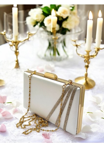 Sedef Ekru Renk Saten Çapraz Altın Kristal Taşlı Kadın Abiye Çanta Düğün Nişan Mezuniyet