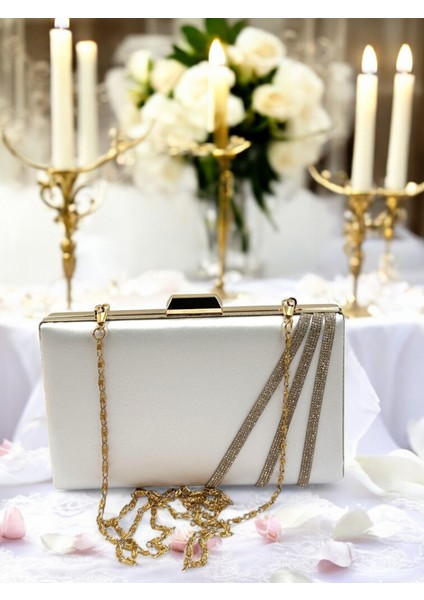 Sedef Ekru Renk Saten Çapraz Altın Kristal Taşlı Kadın Abiye Çanta Düğün Nişan Mezuniyet