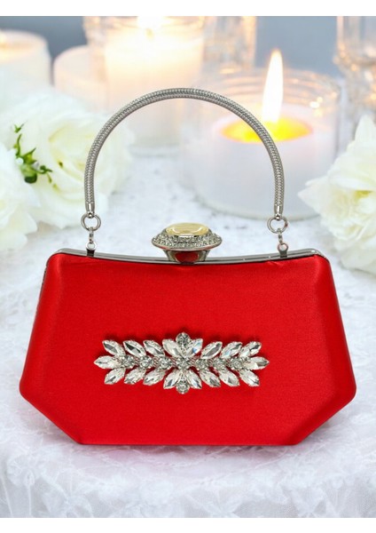 Kırmızı Renk Gümüş Kristal Taşlı Zarif Tasarım Metal Saplı Abiye Çantası fiyatları