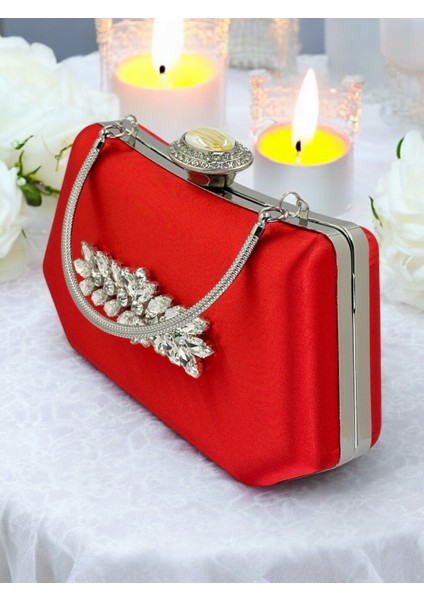 Kırmızı Renk Gümüş Kristal Taşlı Zarif Tasarım Metal Saplı Abiye Çantası fırsatları