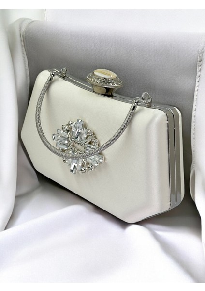 Sedef Ekru Renk Gümüş Kristal Taşlı Zarif Tasarım Metal Saplı Abiye Çantası fırsatları