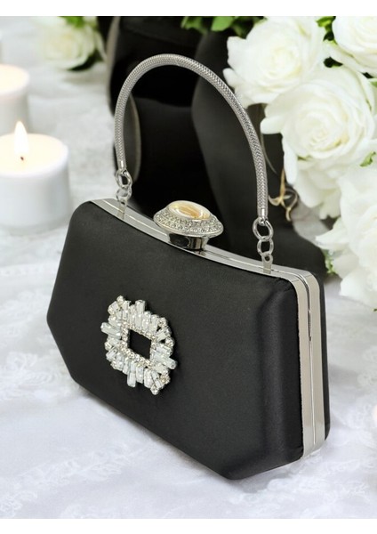 Siyah Renk Gümüş Kristal Taşlı Zarif Tasarım Metal Saplı Abiye Çantası
