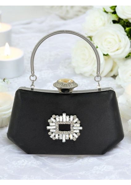 Siyah Renk Gümüş Kristal Taşlı Zarif Tasarım Metal Saplı Abiye Çantası fiyatları