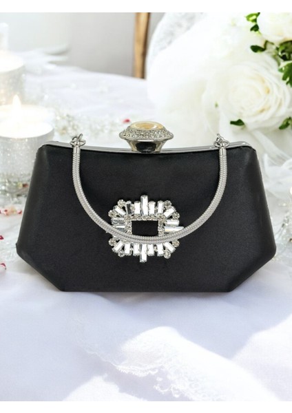 Siyah Renk Gümüş Kristal Taşlı Zarif Tasarım Metal Saplı Abiye Çantası modelleri