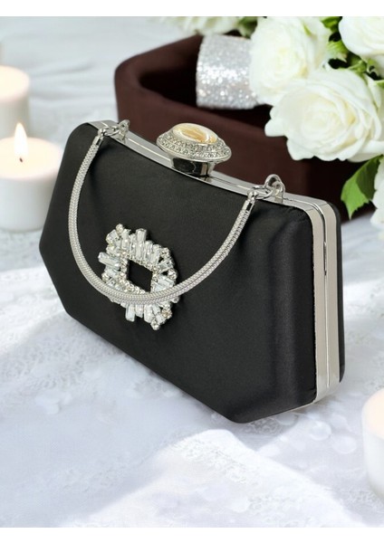 Siyah Renk Gümüş Kristal Taşlı Zarif Tasarım Metal Saplı Abiye Çantası fırsatları