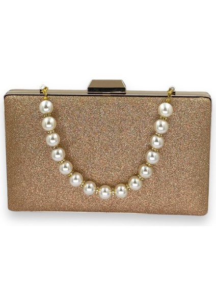 Rosegold Renk Inci Saplı Dökülmeyen Simli Ithal Kumsim Abiye Çanta Gece Çantası Kına Düğün Nişan