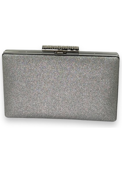 Gümüş Gri Lame Renk Simleri Dökülmeyen Ithal Kumsim Metal Saplı Taşlı Kasalı Abiye Çanta