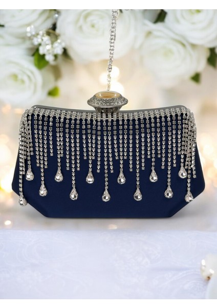 Lacivert Saten Kadın Abiye Çanta Düğün Nişan modelleri