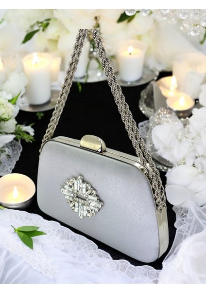 Özel Tasarım Gri Renk Saten Zincir Saplı Gümüş Kristal Taşlı Saplı Kulplu Kadın Abiye Çanta