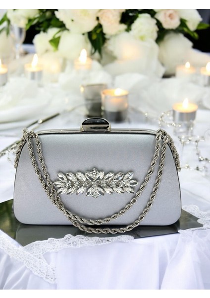 Özel Tasarım Gri Renk Saten Zincir Saplı Kristal Taşlı Saplı Kulplu Kadın Abiye Çanta fiyatları