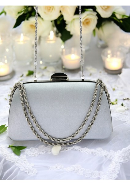 Özel Tasarım Gri Renk Saten Zincir Saplı Kristal Taşlı Saplı Kulplu Kadın Abiye Çanta fırsatları