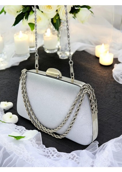 Özel Tasarım Gri Renk Saten Zincir Saplı Kristal Taşlı Saplı Kulplu Kadın Abiye Çanta indirimleri