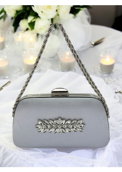 Özel Tasarım Gri Renk Saten Zincir Saplı Kristal Taşlı Saplı Kulplu Kadın Abiye Çanta