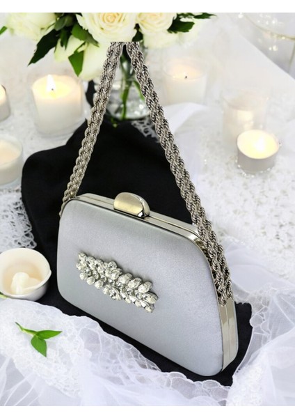 Özel Tasarım Gri Renk Saten Zincir Saplı Kristal Taşlı Saplı Kulplu Kadın Abiye Çanta