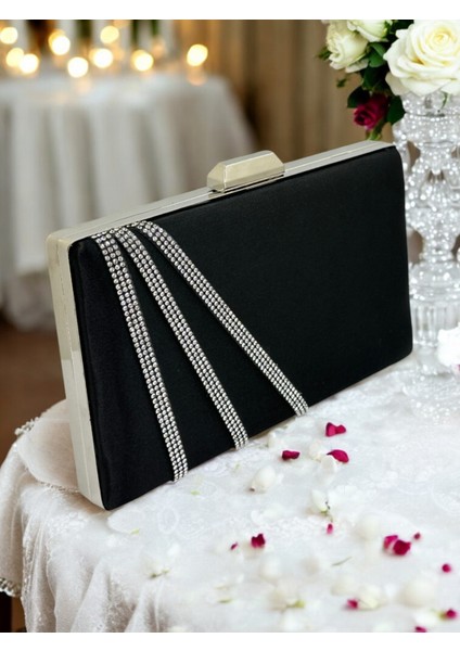 Şık ve Göz Alıcı Siyah Saten Gümüş Taşlı Abiye Çanta Düğün Nişan Mezuniyet